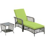 Outsunny 2 Pieces Wicker Patio Lounge Set w/Cushions, Outdoor PE Rattan Sun Lounger Sets w/ 5-Level Reclining Chaise Chair & Two-Tier Glass Top Coffee Table, Green