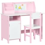 Qaba Kids Desk and Chair Set with Whiteboard, 2 Pieces Kids Study Table and Chair Set, Multi-Usage School Desk Furniture with Storage and Shelves, Computer Homework Art, Pink