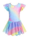 Arshiner Children Ballet Dress Ruffle Short Sleeve Girls Ballet Leotard Cotton Costume Dancewear Dress Up Ballerina Outfit with Tutu Skirt Rainbow 130