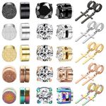 NEWITIN 15 Pairs Magnetic Stud Earrings for Men Stainless Steel Magnetic Earrings Men Clip on Earrings Non Piercing Cross Earrings Unisex CZ Hoop Dangle Magnetic Earrings for Men Women, Metal, Cubic