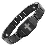 Willis Judd New Mens Black Titanium Magnetic Christian Cross Bracelet with Black Carbon Fiber Insets in Black Velvet Gift Box + Free Link Removal Tool