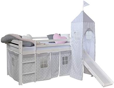Homestyle4u 1886, Loft lit Blanc 90x200 Enfants avec échelle coulissante Tour étoiles Rideau, Bois