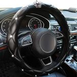 Diamond Black Leather Bling Steering Wheel Cover for Women Car Steering Wheel Protector Queen Rhinestones Anti-Slip Universal Fit 14 1/2-15 inch