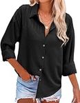 Hotouch Womens Black Shirt Button Down Casual Fit Long Sleeve Textured Lightweight Casual Striped Work Blouses Black XXL