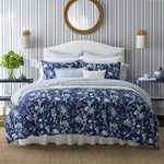 Laura Ashley- Queen Comforter Set, Cotton Reversible Bedding Set, includes Matching Shams with Bonus Euro Shams & Throw Pillow Covers (Branch Toile Blue, Queen)