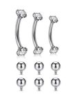 Zysta 16G Stainless Steel Cubic Zirconia Internally Thread Curved Barbell Eyebrow Vertical Labret Lip Bars Piercing Jewellery with Replacement Balls