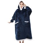 IvyH Long Blanket Hoodie, Fleece Blanket Hoodie Blanket with Pockets Fluffy Wearable Blanket Flannel Sherpa TV Sweatshirt Blanket Winter Robe for Women Adult(Navy Blue)