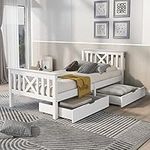 BTM Wooden Bed Frame with Drawers Single Storage Bed Solid Pine Wood,3FT Guest Bed For Adults, Kids, Teenagers (White 90x190cm)