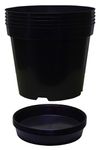 Muddy Hands Pack of 5 Black Plastic Plant Pots + Saucers - Outdoor Garden Round Nursery Herb Flower Planters Base Water Drip Trays (12 Litre)