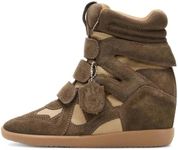 Dsevht Hidden Wedge Sneakers for Women High Top Fashion Sneaker Suede High Heel Platform Tennis Triple Strappy Band Casual Vintage Dressy Comfy Campus Trendy Retro Sneaker Taupe