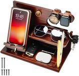 BELLE VOUS Dark Brown Wooden Phone Docking Station - Nightstand/Bedside Table Organiser - Phone, Wallet, Watch, Key & Gadget Holder Stand - Anniversary/Birthday Gift for Men - Husband/Dad Accessories