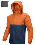 Outdoor Ventures Rain Jacket for Men Waterproof Pullover Lightweight Hooded Windbreaker Outdoor Raincoat Packaway Breathable Windproof Shell Jacket for Camping, Hiking Deep Orange/Dark Blue M