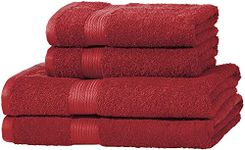 Amazon Basics 4 Piece Fade resistant Bath Towel set for bathroom, 100% Cotton, soft and absorbent, 2 Bath + 2 Hand Towels, Red