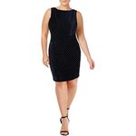 Ralph Lauren Womens Navy Shadow Stripe Velvet Sleeveless Jewel Neck Above The Knee Sheath Wear to Work Dress Size: 16