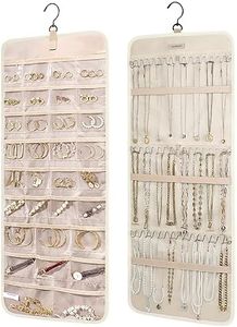 BAGSMART Hanging Jewelry Organizer Storage Roll with Hanger Metal Hooks Double-Sided Jewelry Holder for Earrings, Necklaces, Rings on Closet, Wall, Door, 1 piece, Large, Beige