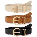 WHIPPY 3 Pack Women's Leather Belts for Jeans Dresses Ladies Waist Belt with Fashion Gold Buckle, Black+Brown+Beige, S