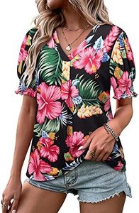 ZXZY Women Ruffle Short Sleeve Pleated V Neck Floral Print Hawaiian Shirts Blouse Tops, Red, XX-Large