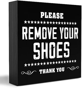 Modern No Shoes Wooden Box Sign Table Decor Plaque Please Remove Your Shoes Thank You Wood Box Sign Art Home Shelf Desk Decoration 5 x 5 Inches