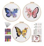 3 Pack Embroidery Starters Kit with Pattern for Beginners,Cross Stitch Kits with 1 Plastic Embroidery Hoops,Needles and Color Threads,Needlepoint Kit for Adults (New Butterfly)