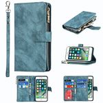 Jaorty Compatible with iPhone 7 Plus/iPhone 8 Plus Wallet Case,[9 Card Slots] [Wrist Strap] [Stand Feature] Zipper Cash Pocket Magnetic Leather Cover Shockproof Case for iPhone 7 Plus,5.5" Blue