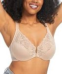 HACI Women's Front Closure Bra Racerback Plus Size Underwire T-Back Unlined Lacy Unpadded Full Coverage Bras(Beige,44C)