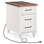 WAMPAT Farmhouse End Table with Charging Station,Narrow Side Table with 1 Storage Drawer and Cabinet for Living Room,Sofa Table with USB Ports&Power Outlets,Bedside Nightstand for Bedroom,Rusic White