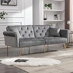 civama 76" W Velvet Futon Sofa Bed, Modern Upholstery Couch with 2 Toss Pillows, Convertible 3-Seater 3 Adjustable Angle Tufted Sleeper with Nailhead Trim, Golden Metal Legs for Living Space, Gray