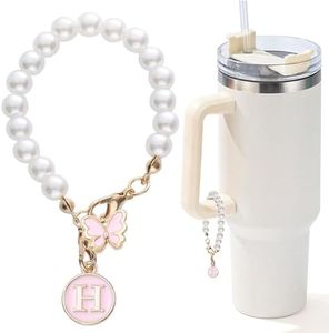 LUHOHI Accessories for Stanley Cup Pearl Chain Initial Accessoriess for Handle Stuff Decor Water Bottle Jewelry Tumbler Cute Simple Modern Personalized Name ID Decorations Letter Pink Tag H