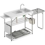 Outsunny Folding Fish Cleaning Table with Sink, Portable Camping Sink Table with Side Shelf, Bottom Rack, Drawer, Storage Basket, Drain Hose, Fillet Station, White