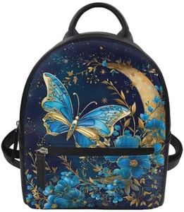 Freewander Small Backpack Purse for Womens Girls Cute Mini Backpack Stylish Shoulder Bag Daily Use PU Leather with Zipper,Blue Butterfly Golden Moon Print