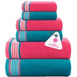 Casa Copenhagen Designed in Denmark 550 GSM 2 Large Bath Towels 2 Large Hand Towels 2 Washcloths, Super Soft Egyptian Cotton 6 Towels Set for Bathroom, Kitchen & Shower - Pink & Teal