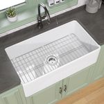 TUKTUK White Farmhouse Sink 33X20 Fireclay Farm Sink for Kitchen Apron Undermount Kitchen Sink Single Bowl Big Capacity Deep Drop-in Modern Kitchen Sink with Luxury Bottom Grid & Strainer Drain