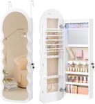 SONGMICS Mirror Jewelry Cabinet Wall Mounted Over the Door, Hanging LED Jewelry Organizer, Lockable Wavy Wide Mirror with Storage, Interior Lights, 3.9 x 16.5 x 42.5 Inches, White UJJC031W01