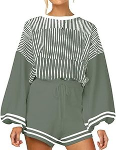 Gihuo Women' s Striped 2 Piece Outfits Crewneck Knit Pullover Sweater Shorts Set Wide Leg Matching Set Loungewear(Green-XL)