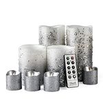 Furora LIGHTING LED Flameless Candles with Remote Control, Set of 8, Real Wax Battery Operated Pillars and Votives LED Candles with Flickering Flame and Timer Featured - Silver Glittery