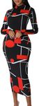 Women's Sexy Stretchy Midi Dress Long Sleeve Bodycon Print Party Club Dresses, Black Red, Small