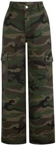 OYOANGLE Girl's Camo Print Cargo Pants Flap Pocket Mid Waist Wide Leg Casual Jeans Green 8-9Y