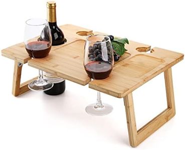 Peohud Portable Wine Picnic Table, Foldable Champagne Picnic Snack Table Tray, Wooden Outdoor Picnic Table with Glass Holder for Park, Beach, Camping, Bed, Wine Lover Gift