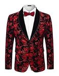 COOFANDY Men's Floral Tuxedo Jacket Shawl Lapel One Button Velvet Suit Jacket Dinner Prom Party Wedding Blazer Red