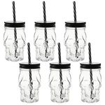 TOPZEA 6 Pack Mason Jars Mugs, 16 oz Glass Skull Mason Drinking Mugs Tumbler Cup with Straws Old Fashioned Jar Drinking Glasses Heavy Base for Beverage, Brandy, Liquor, Jello