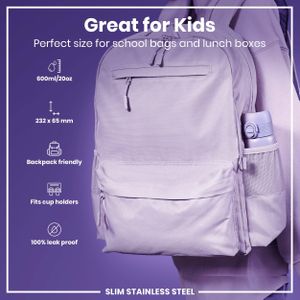 Ion8 Steel Water Bottle 600ml – Leak Proof, Flip Cover, Light Purple
