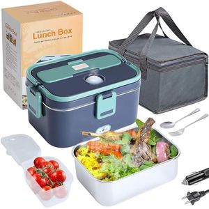 Electric Lunch Box 80W Food Heater for Adults, 12/24/220V Portable Stainless Steel Lunch Warmer, Leak Proof, Heated Lunch Box for Car/Truck/Office with Stainless Fork & Spoon & Carry Bag