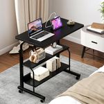 sogesfurniture Mobile Side Table Height Adjustable End Table Couch Desk with Charging Station and 2-Tier Storage Shelf, Portable Laptop Table with Outlets, USB Ports and Hooks (Black)