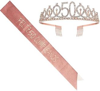 Feliz 50 Cumpleaños Faja de Satén Oro Rosa Feliz Cumpleaños Cumpleaños Sash 50th Diadema Tiara Cristal Cumpleaños Faja Banda de Satén Cumpleaños Sash Decoracíon Regalos para Cumpleaños