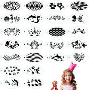 24 Pieces Face Paint Stencils Face Body Painting Stencils Resuable Mermaid Unicorn Flower Butterflies Makeup Temporary Tattoos Stencils for Kids Holiday Halloween Art, 24 Designs