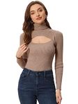 Allegra K Women's Turtleneck Knit Sweater Long Sleeve Hollow Out Front Sexy Fit Pullover Tops Khaki XL