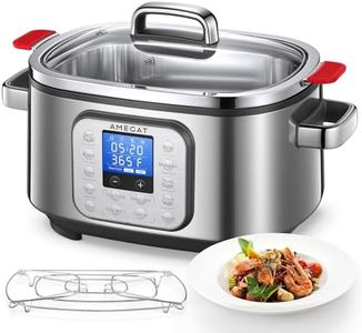 AMEGAT 10-in-1 Programmable Slow Cooker 6 Quart with Stainless Steel Pot, Glass Lid, Steaming Rack, and LED Display