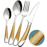 Xideman® 24-Piece ​Hammered Silver Gold Cutlery Set with Ultra Sharp 2-in-1 Serrated Knive, Golden 18/10 Stainless Steel Silverware Set, Flatware Set for 6 People, Knives Forks Spoons Set