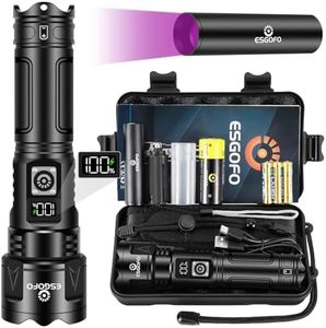 Esgofo Lampe Torche LED Ultra Puissante, 500000 Lumen Lampe de Poche Rechargeable USB C, Multifonction Longue Portée Tactique Torches, Zoomable IPX6 Etanche Flashlight, LCD Affichage, Pour Camping