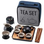 Travel Kung Fu Tea Pot Cup Set with Tray - Portable Chinese Ceramic Porcelain Teapot Gift Bag All in One for Business Hotelet Infuser Outdoor Picnic